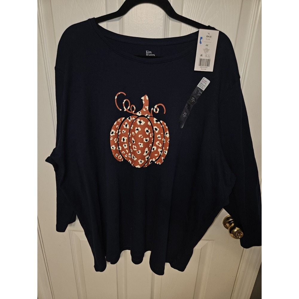NWT Kim Rogers Plus Size 4X Navy Blue Cheetah Print Pumpkin Fall Graphic Tee